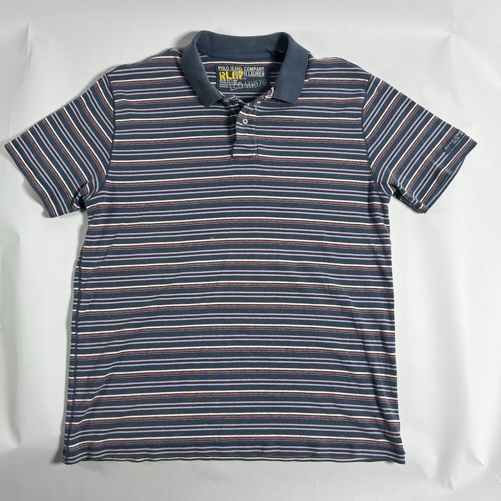 VTG Polo Jeans Company Ralph Lauren Men's‎ L Polo Shirt Blue Striped Cotton Logo